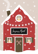 Joyeux No&euml;l avec maison rouge enneig&eacute;e